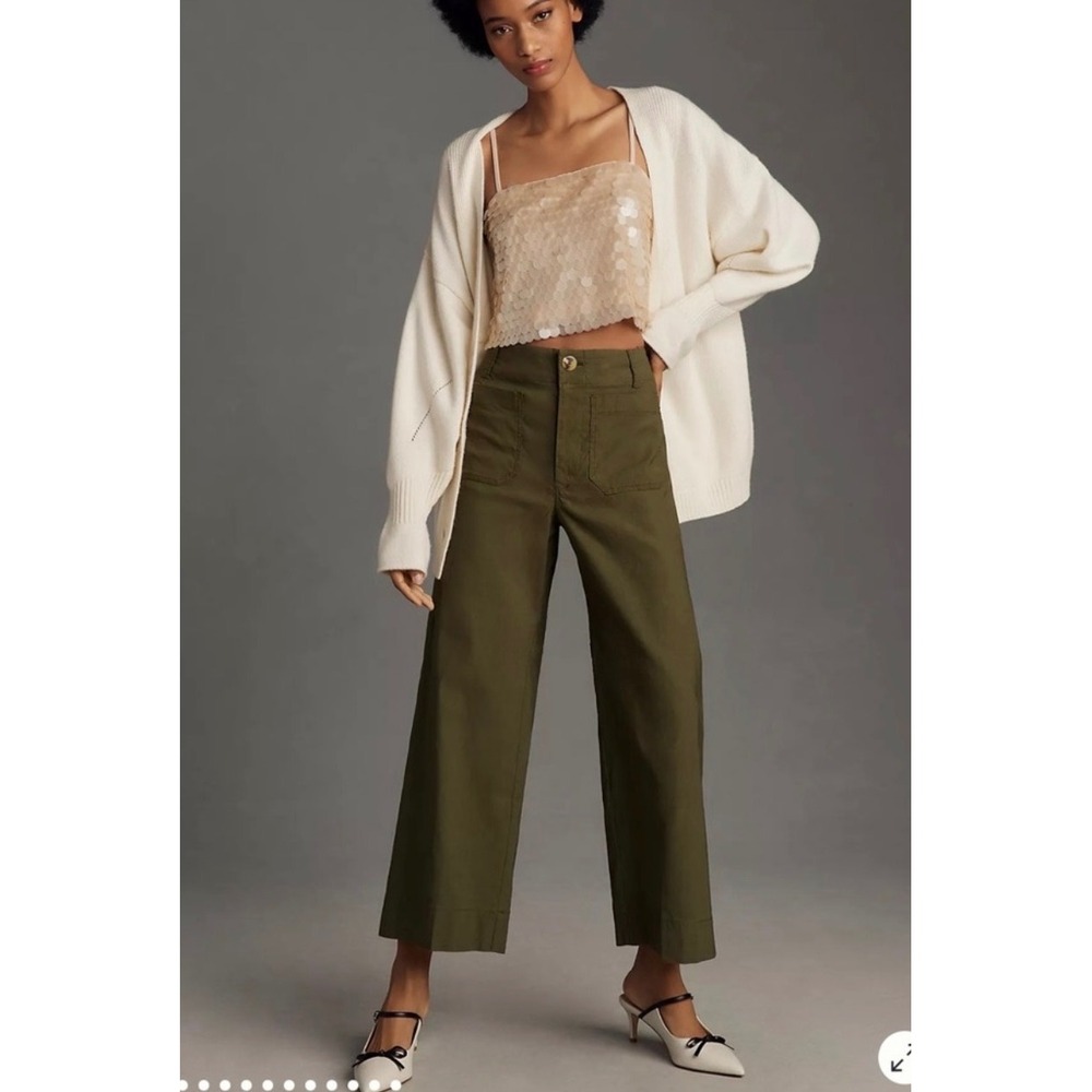 Anthropologie Maeve Colette Cropped Wide Leg Pants Moss Green High Rise Utility - Picture 2 of 7